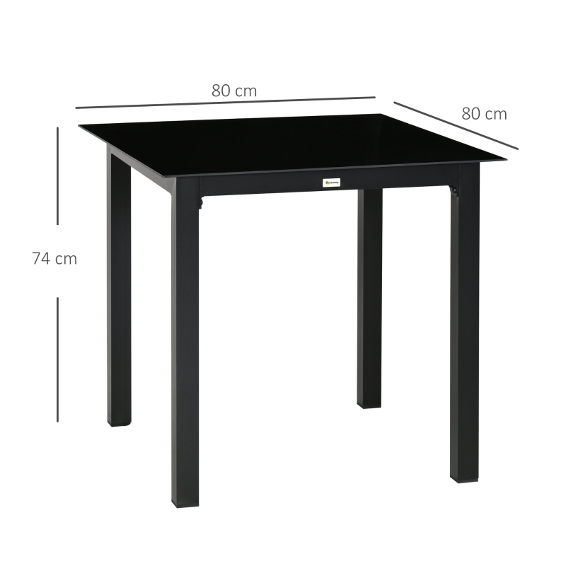 Outsunny Mesa de Jardim Quadrada para 4 Pessoas com Tampo em Vidro Temperado e Estrutura em Alumínio 80x80x74 cm Preto
