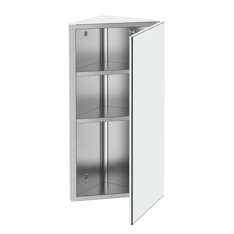 HOMCOM Armário de Canto para Banheiro em Aço com Porta de Espelho Fecho Magnético 3 Prateleiras Economizador de Espaço 60x30x18,4 cm