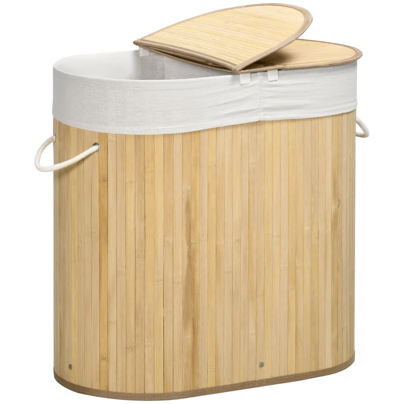 HOMCOM Cesto de Roupa em Bambu 100L com 2 Compartimentos Tampa e Saco Removível 62,5x37x60,5 cm Natural