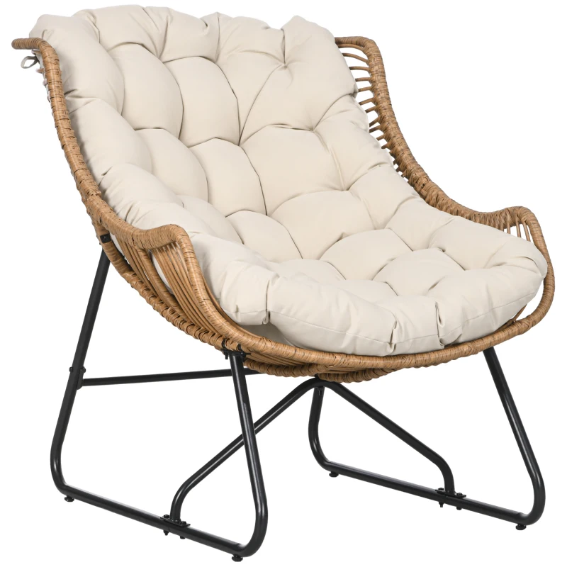 Outsunny Salão de Jardim Imitação de Vime Poltrona Externa com Almofada Estrutura Metálica 75x101x90 cm Natural Cáqui Preto