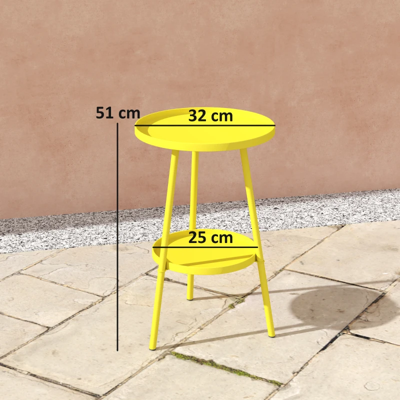 Outsunny Pequena Mesa de Apoio Redonda de 2 Níveis Mesa de Jardim para Terraço Sala Varanda em Metal Ø 32x51 cm Amarelo