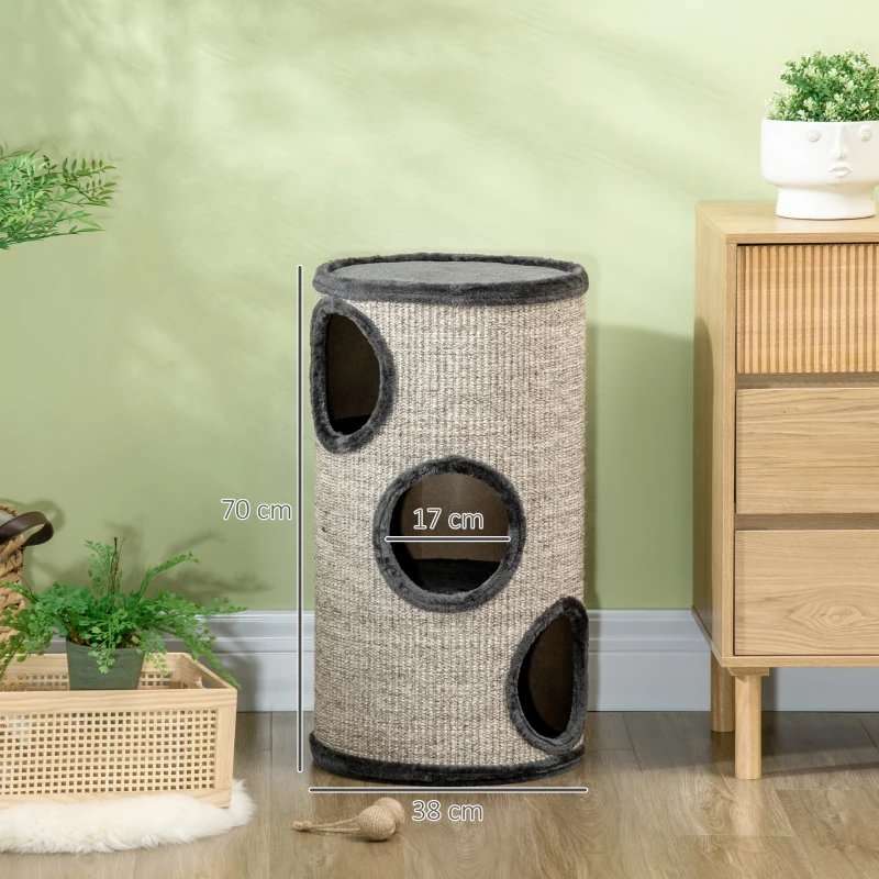 Pawhut Árvore de Arranhar com 3 Níveis Tapete de Arranhar de Corda de Sisal Árvore de Arranhar para Gatos 38x38x70 cm Cinza
