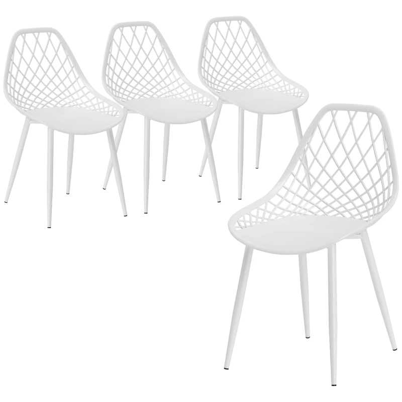 HOMCOM Conjunto 4 Cadeiras de Jantar Modernas com Encosto Vazado em Plástico e Pernas de Metal Branco