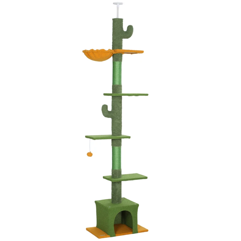 Pawhut Árvore para Gatos Altura 275 cm 6 Níveis para Gatos de Interior Do Chão Ao Teto com Plataformas Casinha Rede Verde