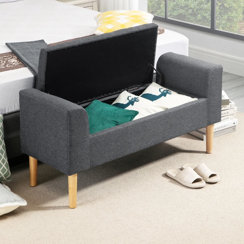 HOMCOM Banco Baú de Armazenamento Capitonê Banquinho com Braços Banco de Armazenamento Carga 130 Kg 116x44x58 cm Cinza Escuro