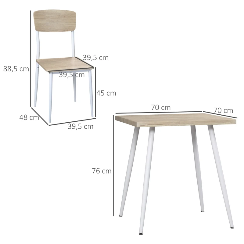 HOMCOM Conjunto de Mesa de Jantar Quadrada 3 Peças com 2 Cadeiras Cozinha Sala de Jantar Tampo em MDF Estrutura de Metal Branco