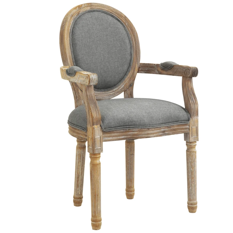 HOMCOM Cadeira de Sala de Jantar Cadeira de Sala Medalhão Estilo Luís xvi Madeira Maciça Pátina Esculpida Tecido Linho Cinza