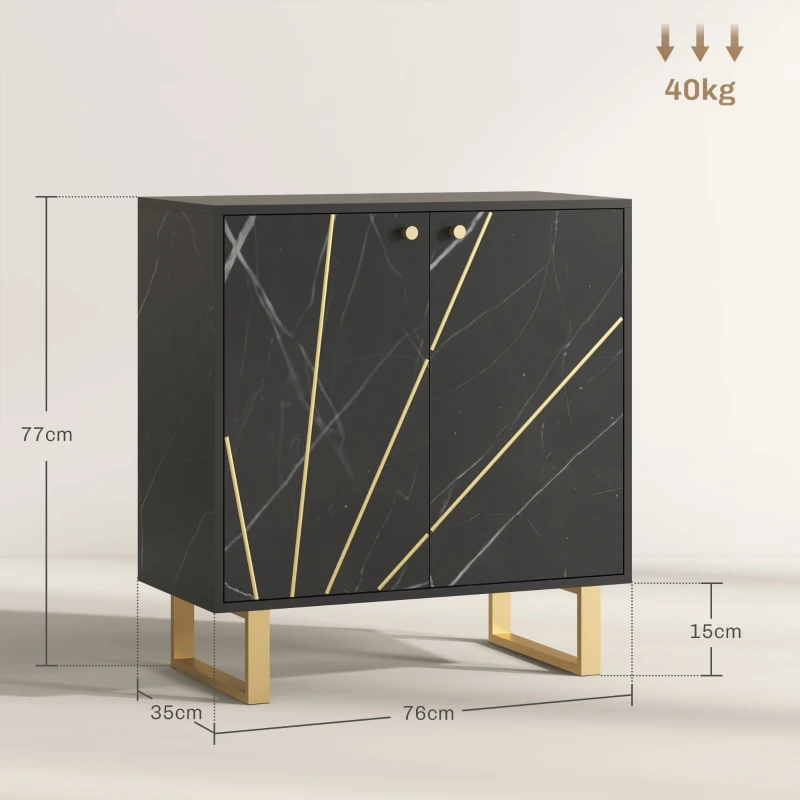 HOMCOM Buffet de Armazenamento com 2 Portas e Prateleira Ajustável Pés em Metal 76x35x77 cm Tom Mármore Preto
