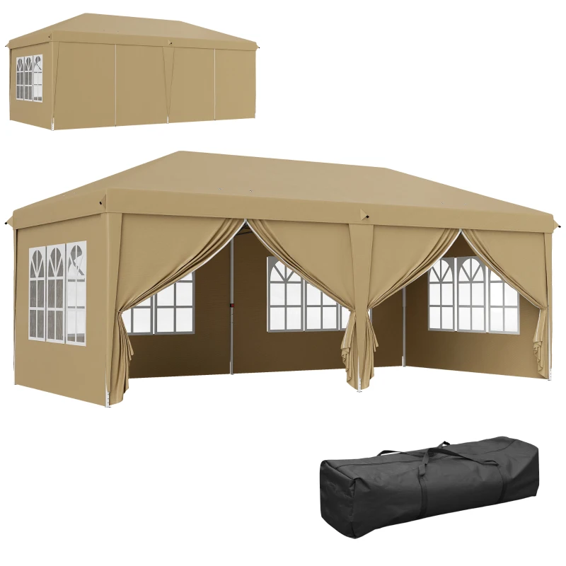Outsunny Tenda Pop Up Impermeabilizada Dobrável 6x3x2,7 m 4 Paredes Laterais Amovíveis 4 Janelas Saco de Transporte Cáqui