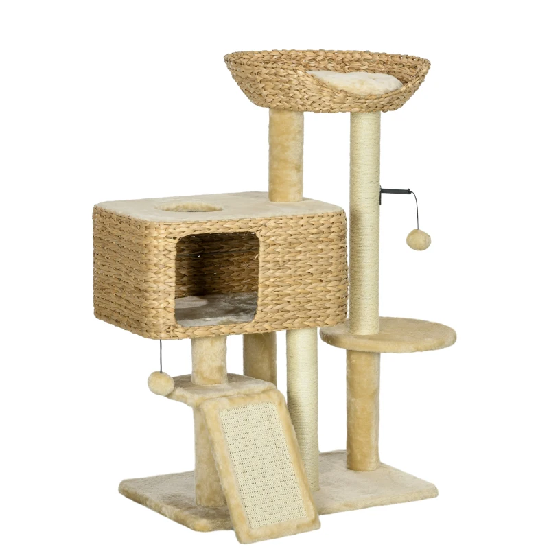 Pawhut Árvore para Gatos com Arranhador Toca Cesto de Observação Plataformas Pompons Suspensos 60x40x98 cm Bege