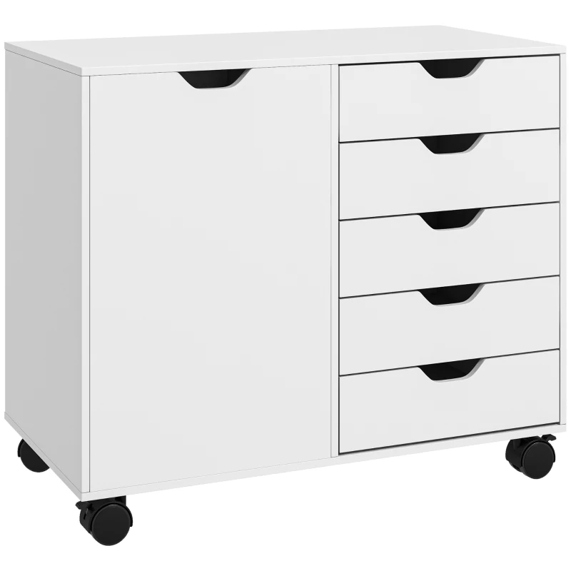 HOMCOM Móvel de Arrumação para Escritório 5 Gavetas 1 Porta Prateleira Ajustável Suporte Impressora Rodízios 78x40x66,5 cm Branco
