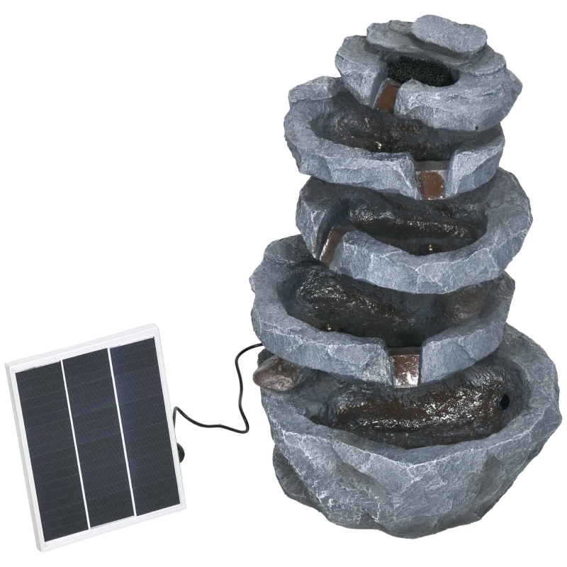 Outsunny Fonte de Jardim Solar em Cascata de 5 Níveis em Resina com Luzes LED e Bomba Cinza