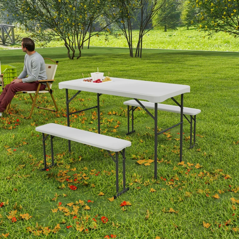 Outsunny Conjunto Mesa Dobrável e Bancos de Piquenique 113 cm com Alças de Transporte Mesa e Banco Dobráveis Cinza Claro