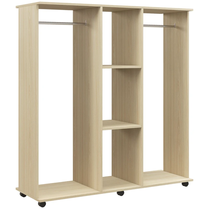 HOMCOM Armário Penderie Meuble de Rangement Mobile 6 Rodízios 120x40x128 cm em Madeira Natural