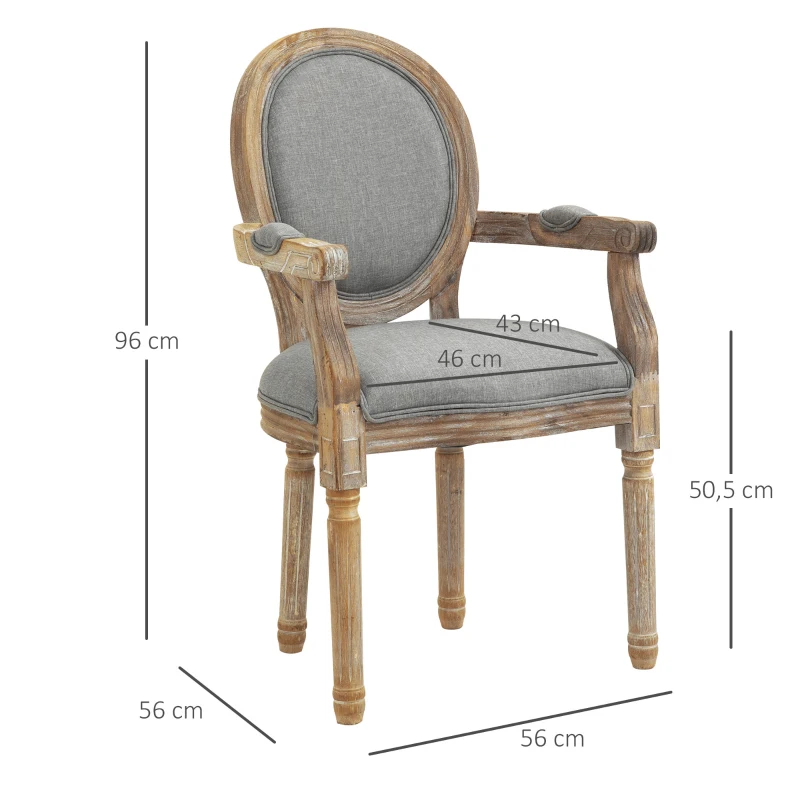 HOMCOM Cadeira de Sala de Jantar Cadeira de Sala Medalhão Estilo Luís xvi Madeira Maciça Pátina Esculpida Tecido Linho Cinza