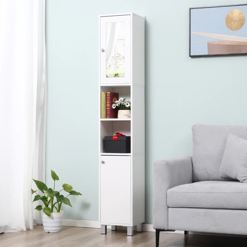 Kleankin Móvel Coluna de Casa de Banho Armário Alto 2 Armários 6 Nichos Prateleiras Ajustáveis 30x28x180 cm Branco