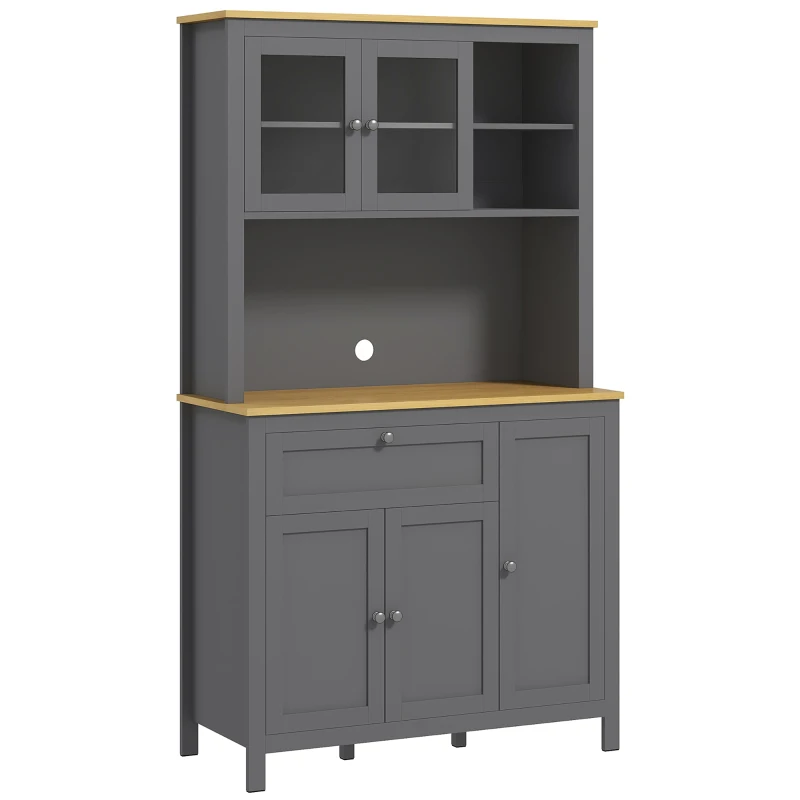 HOMCOM Armário de Cozinha Buffet Cozinha 5 Portas Sendo 2 Portas de Vidro e 1 Gaveta 1 Nicho Central Altura 180 cm Cinza