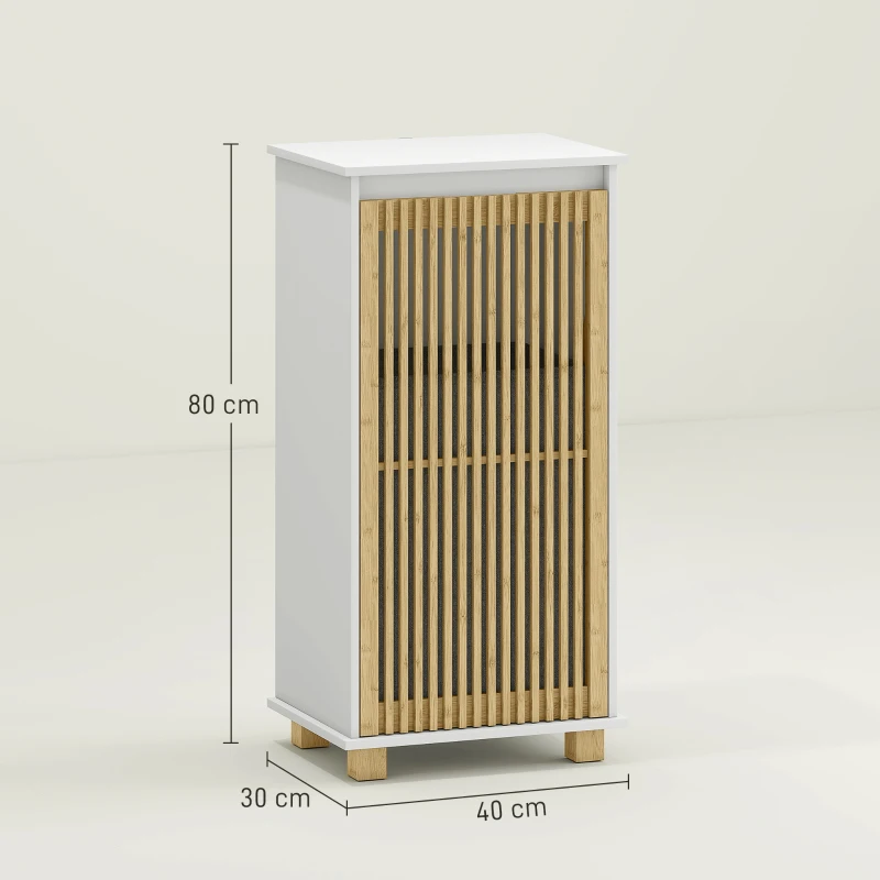 HOMCOM Móvel Banheiro com Cesto de Roupa Porta de Ripas de Bambu e Saco Removível Branco e Efeito Madeira Natural