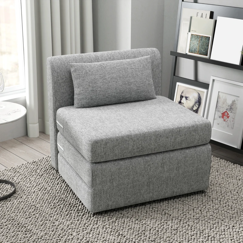 HOMCOM Poltrona Chaise Dobrável 3 em 1 com Travesseiro Conversível Colchonete Dobrável para Visitas Sala de Estar Escritório Cinza
