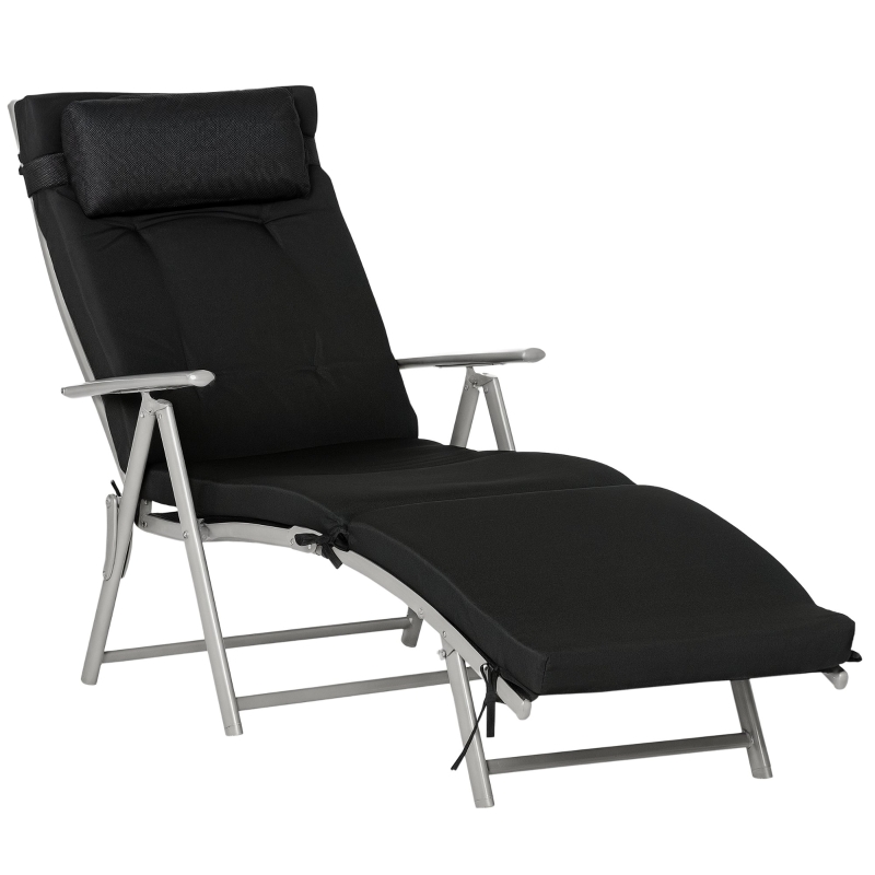 Outsunny Bain de Soleil Pliable transat inclinable 7 Positions Chaise Longue Grand Confort avec Matelas + accoudoirs métal époxy textilène Polyester Noir