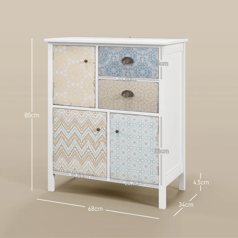 HOMCOM Aparador Cômoda Shabby Chic 2 Gavetas 3 Compartimentos de Armário Madeira de Pinho 68x34x80 cm Branco