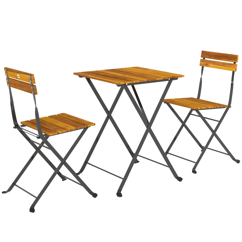 Outsunny Conjunto Bistrô de Jardim 3 Peças com 2 Cadeiras e Mesa de Centro em Madeira de Acácia e Aço Efeito Madeira Natural