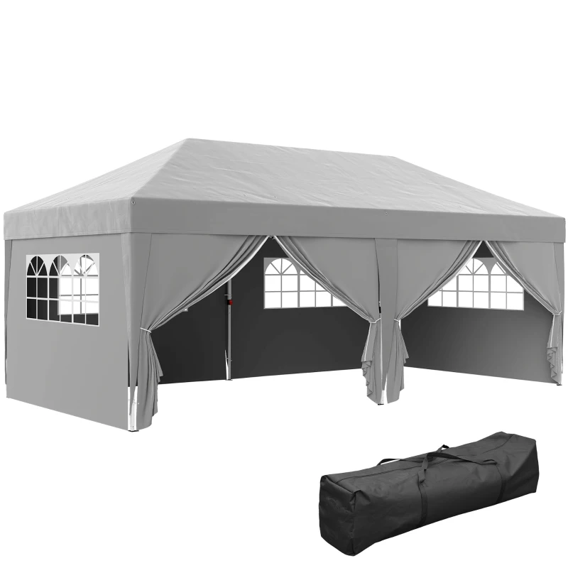 Outsunny Tenda de Jardim Exterior Tenda Dobrável 3x6 m com 6 Painéis Laterais Saco de Transporte Incluído Cinza