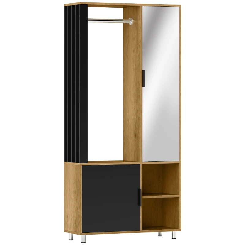 HOMCOM Guarda Roupa de Quarto Penderie com Espelho Compartimentos Abertos Armário e Barra de Suspensão 80x30x170 cm Natural
