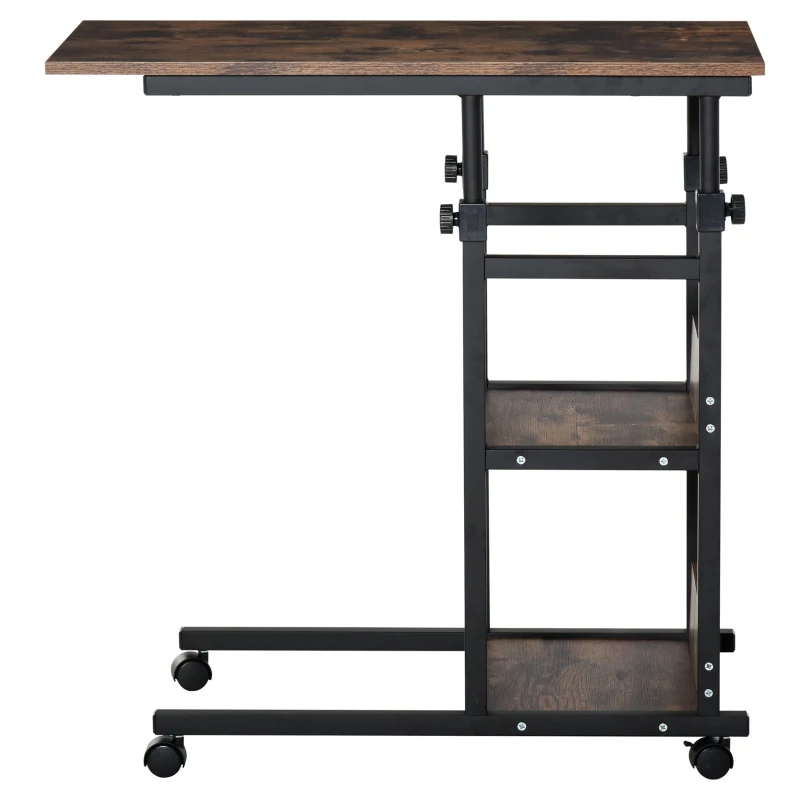 HOMCOM Mesa Auxiliar Mesa de Apoio Mesa de Cama para Computador Portátil Altura Ajustável 2 Prateleiras Integradas Metal Marrom
