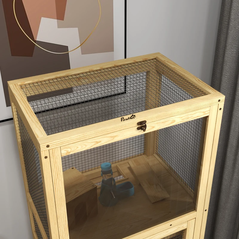Pawhut Gaiola para Hamsters ou Pequenos Animais em Madeira 5 Níveis com Escada Cabana Balanço 54x38x131 cm Natural