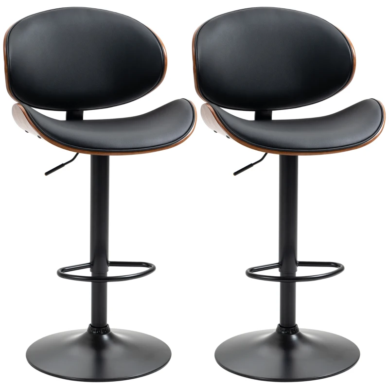 HOMCOM Conjunto de 2 Cadeiras de Bar Taburete com Altura Ajustável Revestimento Sintético 53x52x92-112 cm Preto