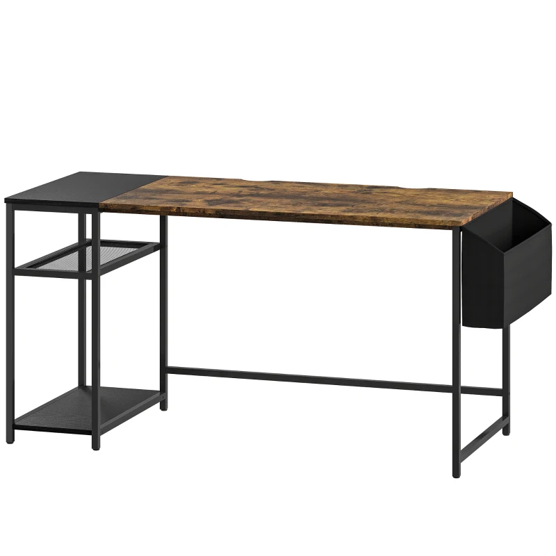HOMCOM Secretária de Computador 150x60 cm com Prateleiras Reversíveis e Saco de Tecido para Espaços Pequenos Marrom