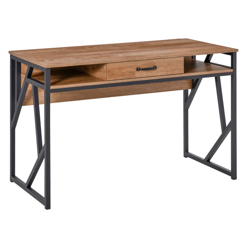 HOMCOM Secretária de Estilo Industrial 120x60x76 cm com Gaveta 2 Prateleiras Pés de Metal Preto Tampo Aparência de Madeira Nogueira
