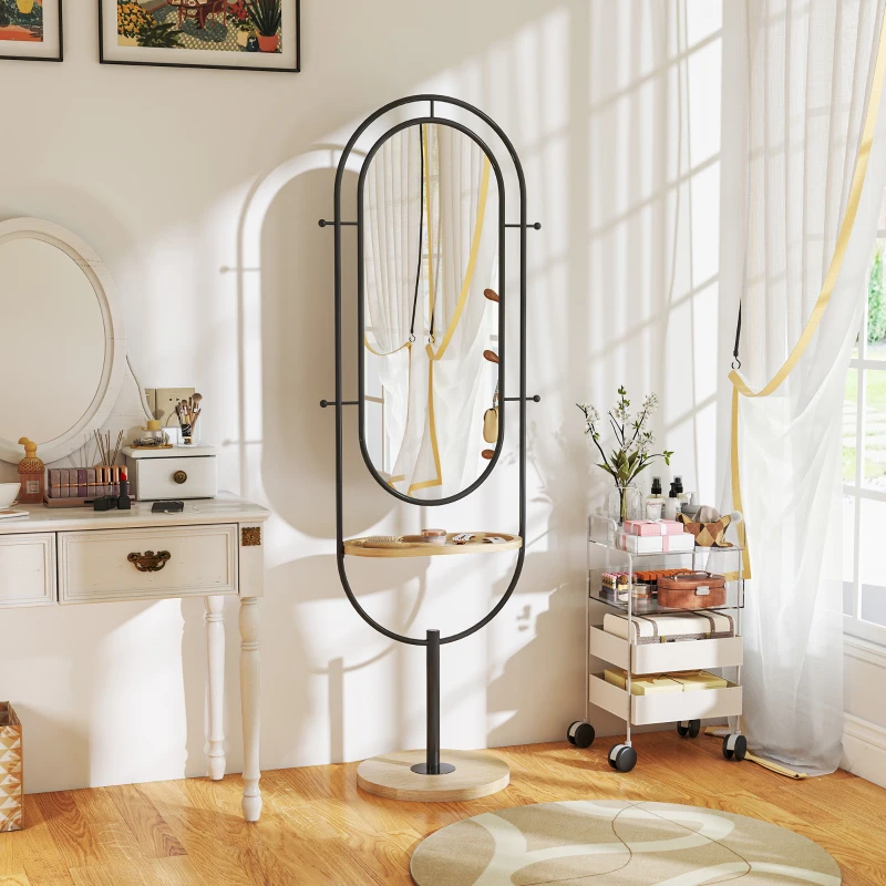 HOMCOM Espelho de Corpo Inteiro Oval com Tampo de Madeira 4 Ganchos e Moldura de Metal 50x40x175,5 cm Preto