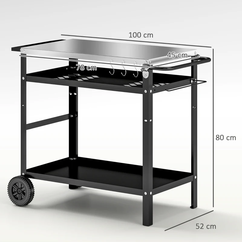 Outsunny Mesa de Churrasco Externa com Tampo de Trabalho Carrinho de Churrasco com Prateleira Ajustável 6 Ganchos 100x52x80 cm Preto