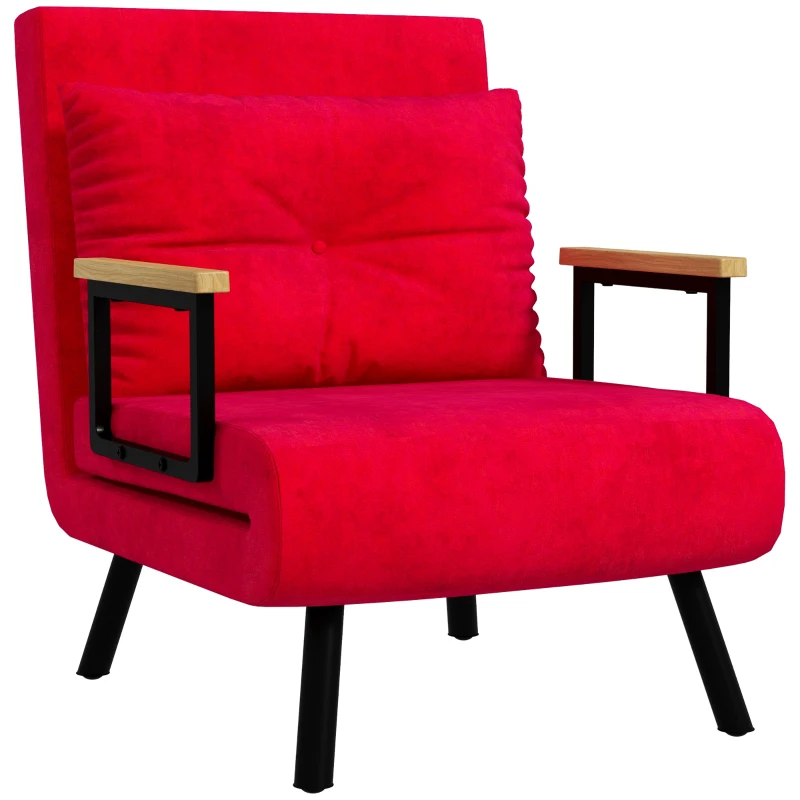 HOMCOM Poltrona Cama 3 em 1 com Encosto Reclinável e Almofada em Tecido de Veludo 63x73x81 cm Vermelho