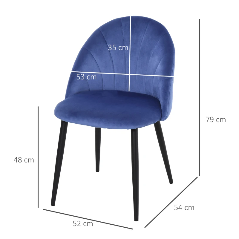 HOMCOM Conjunto de 2 Cadeiras Veludo Azul Pés de Metal Preto 52x54x79 cm