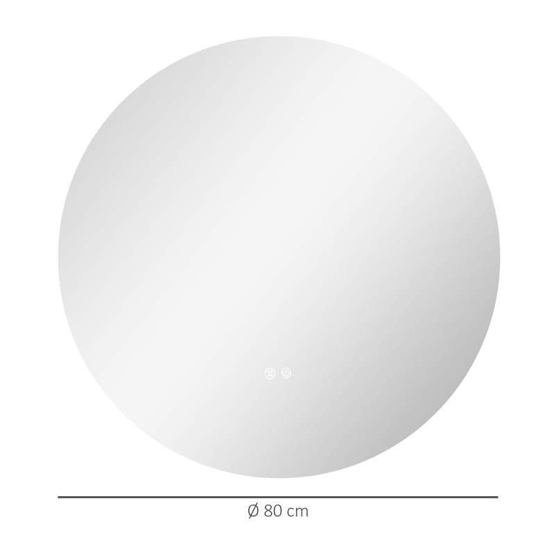 Kleankin Espelho Redondo Luminoso LED de Casa de Banho Ø 80 cm de Parede com Iluminação Interruptor Tátil Sistema Anti Embaciamento