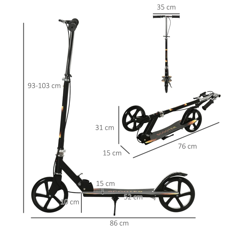 HOMCOM Patinete Dobrável para Criança com Guidão Ajustável em Altura e Duplo Freio 86x35x93-103 cm Preto