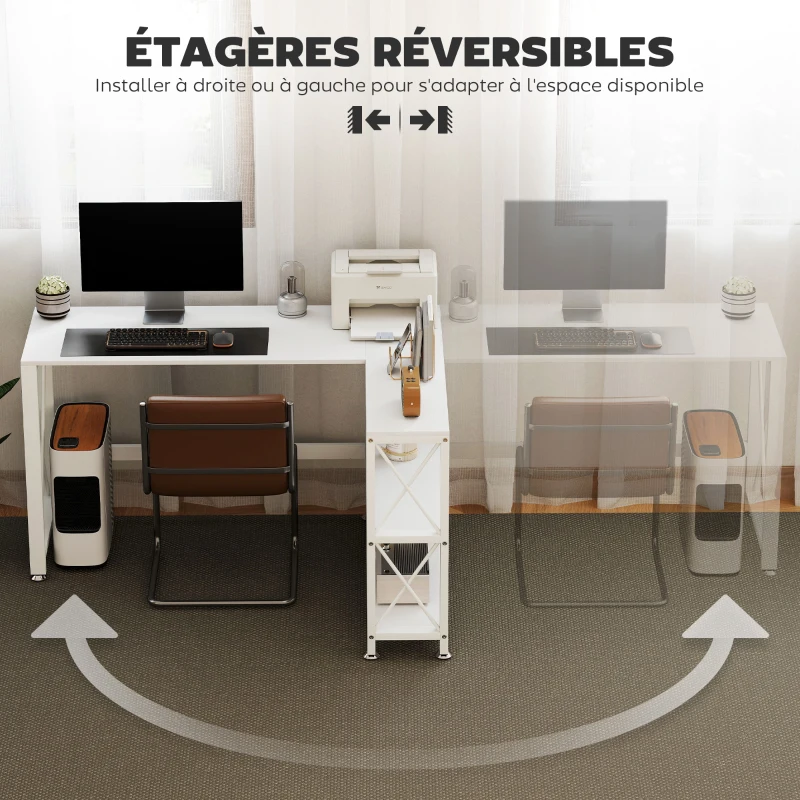 HOMCOM Bureau d'angle modulable réversible, bureau avec rangement, étagère de rangement, cadre en métal, 135x110x75cm, blanc