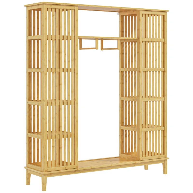 HOMCOM Armário de Bambu com 2 Portas de Correr Prateleiras e Barra Grande Armário para O Quarto 145x35x165 cm