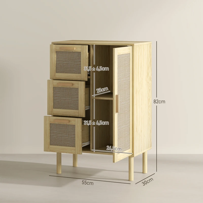 HOMCOM Armário Meuble de Rangement Estilo Boêmio com 3 Gavetas e 3 Prateleiras Frente de Vime Trançada Compacto 55x30x82 cm