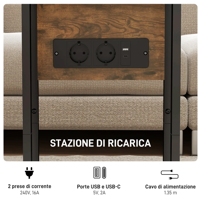 HOMCOM Tavolino da Salotto a C Espandibile con 2 Stazioni di Ricarica, in Legno e Metallo, 39x29x57 cm, Nero e Marrone