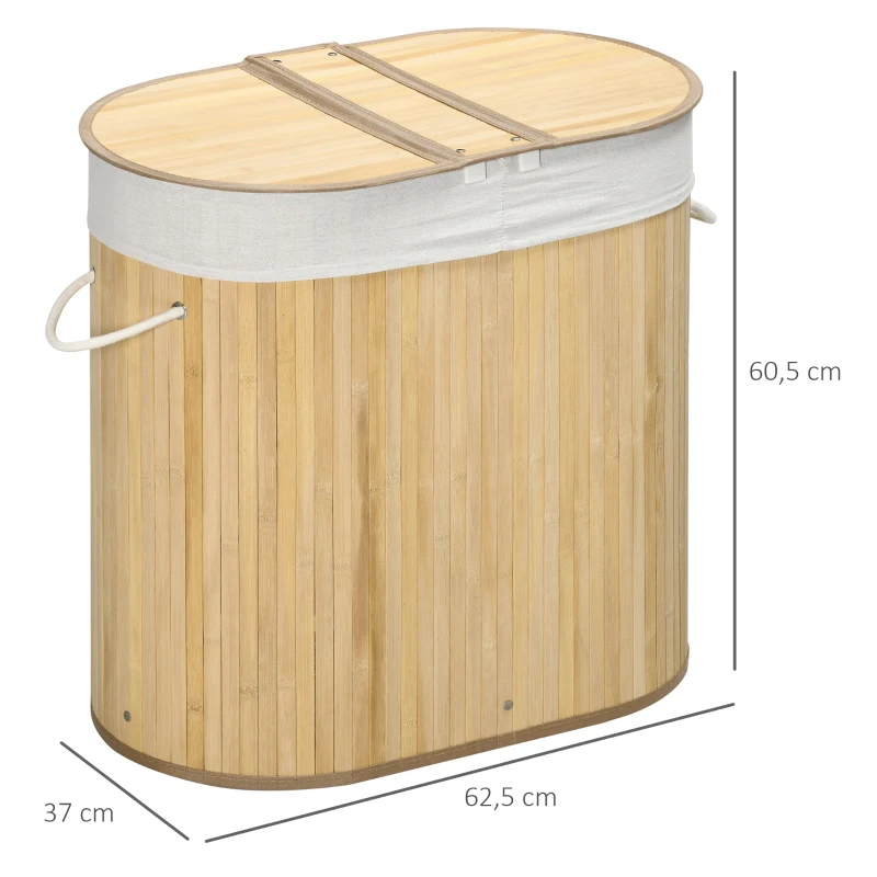 HOMCOM Cesto de Roupa em Bambu 100L com 2 Compartimentos Tampa e Saco Removível 62,5x37x60,5 cm Natural