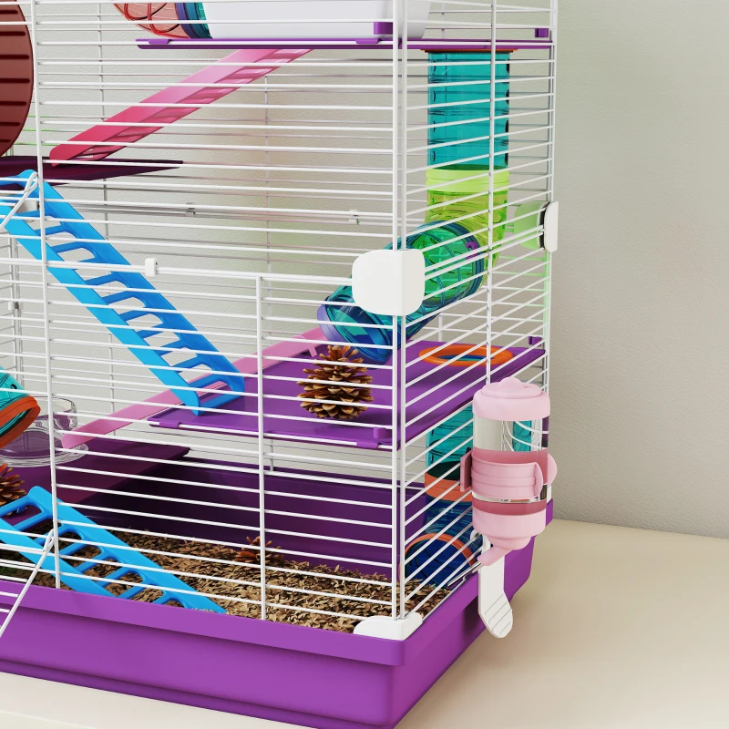 Pawhut Gaiola para Hamster Roedor 4 Andares com Túneis Comedouro Roda Casinha Escadas 46x30x58 cm Violeta