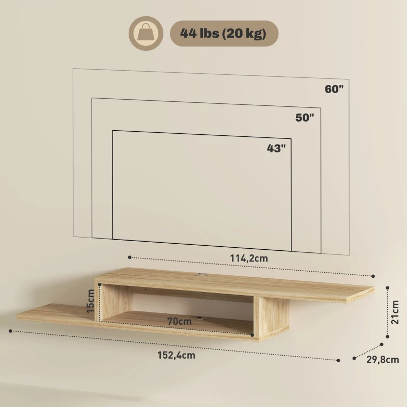 HOMCOM Móvel de TV Mural Flutuante Suspenso Prateleira Flutuante de Parede Nicho Passagem de Fio Carvalho Claro