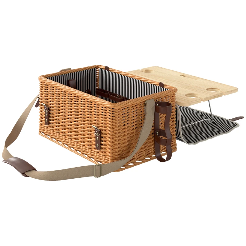 Outsunny Cesta de Piquenique para 4 Pessoas com Toalha de Mesa e Abridor de Garrafas em Vime 51x33x25 cm Marrom Claro