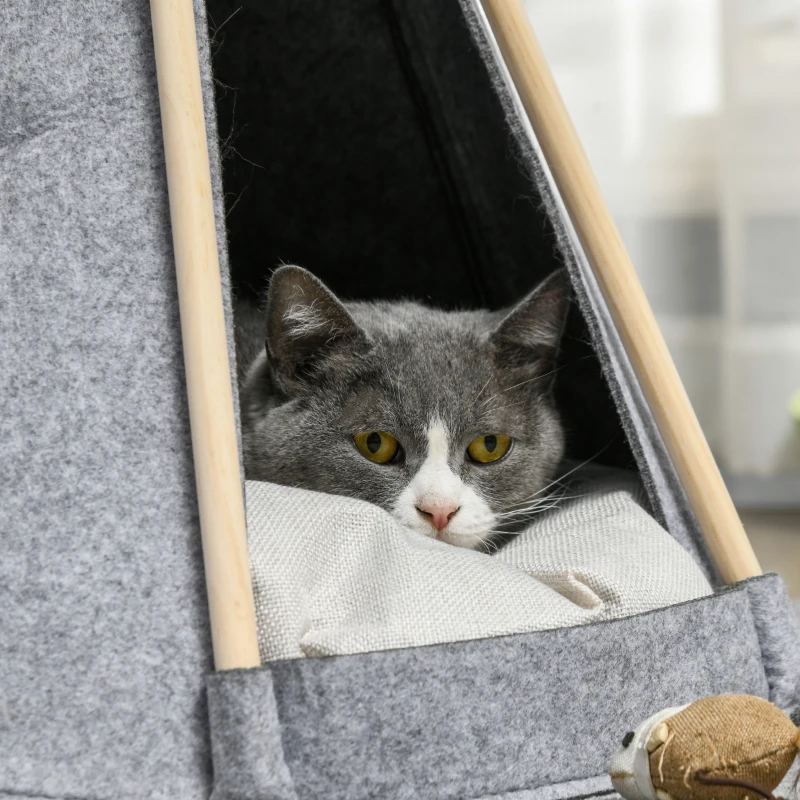 Pawhut Tenda Teepee para Animais Gato ou Cão Almofada Espessa 2 Pompons Incluídos Estrutura de Pinho Feltro Pelúcia Cinza