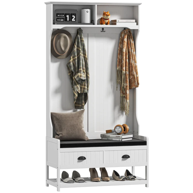 HOMCOM Cabide com Ganchos Guarda Roupa com Banco para Sapatos para Entrada Corredor Metal Aglomerado Branco Cinza