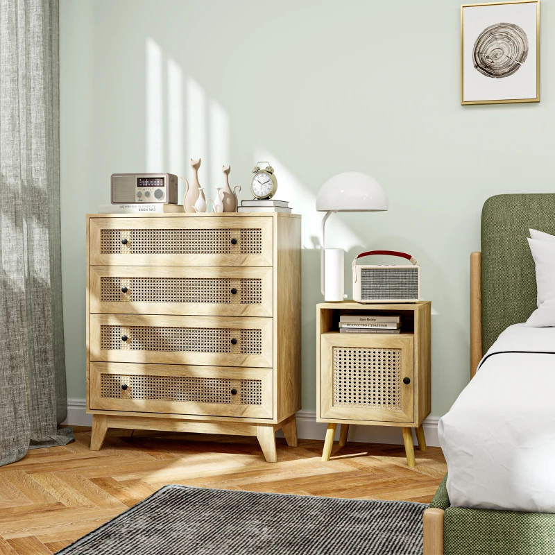 HOMCOM Cômoda 4 Gavetas Móvel de Arrumação em Vime de Rattan Aspecto Madeira Clara 80x35x95 cm